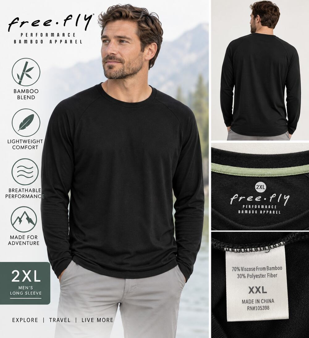 Free Fly Bamboo Long Sleeve Shirt Men’s XXL Black Performance Crewneck 2XL